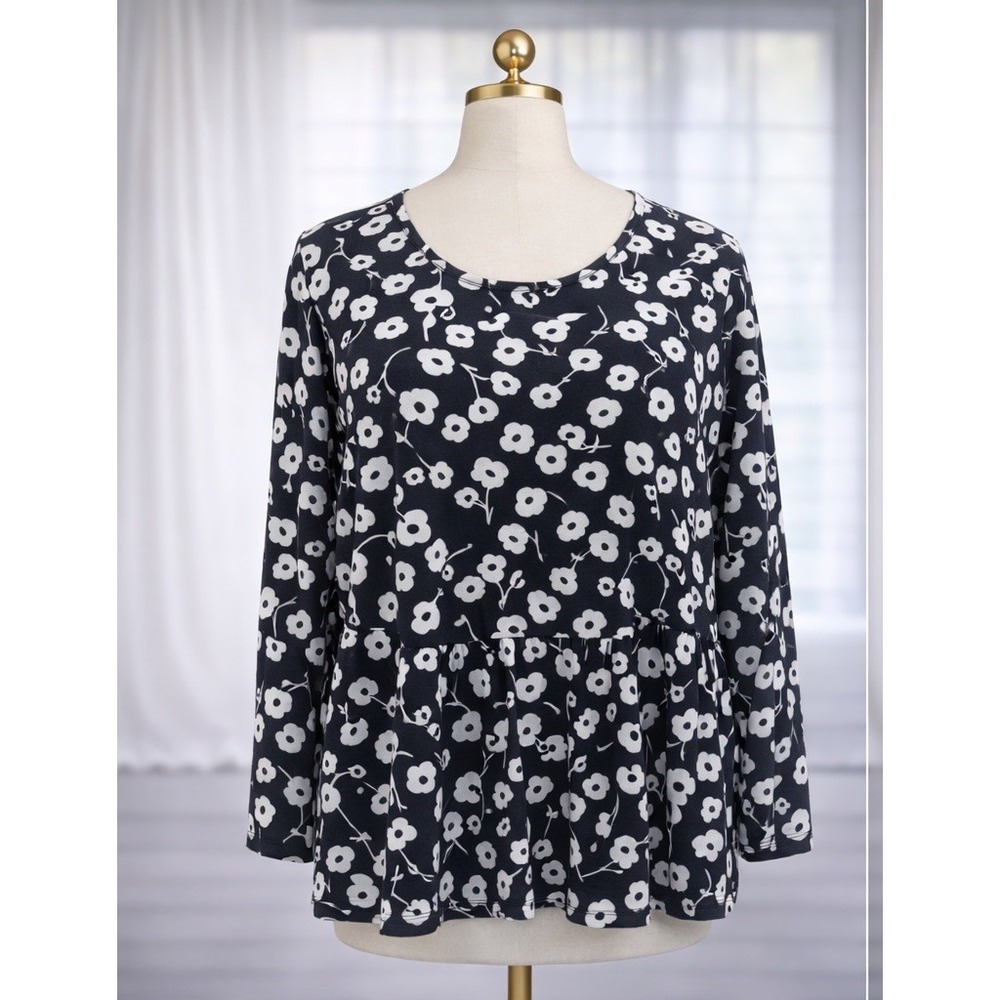 Denim & Co. Printed Jersey 3/4 Sleeve Peplum Top Knit Navy White A393022 Size 3X